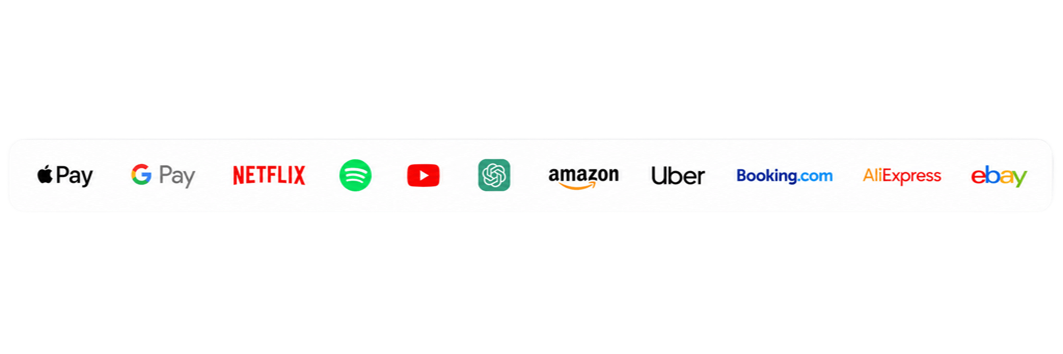 Apple Pay, Google Pay, Netflix, Spotify, YouTube, ChatGPT, Amazon, Uber, Booking.com, AliExpress, eBay